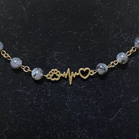 Natural Dark Larvikite Necklace, Bronze Paw Print Heart Beat + Genuine Gemstone - Picture 3 of 14